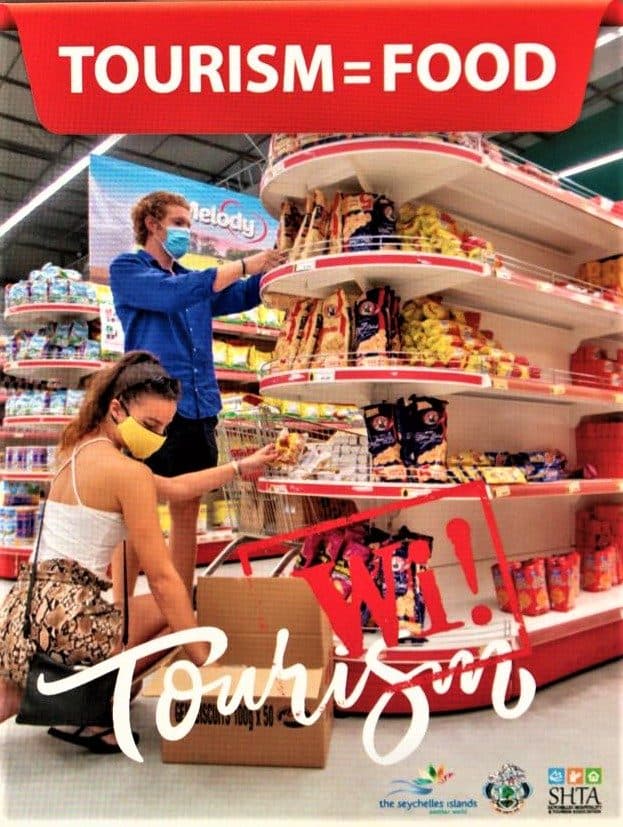 Press advertisement from the Tourism – Wi! campaign showing supermarket staff, headlined Tourism = Food