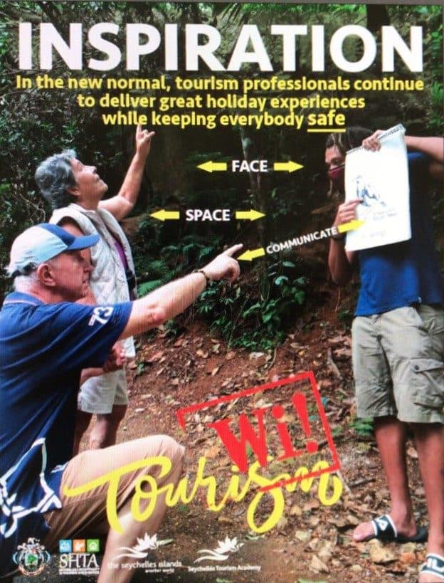 Press advertisement from the Tourism – Wi! campaign showing a guide with two visitors on a forest trail, headlined Inspiration