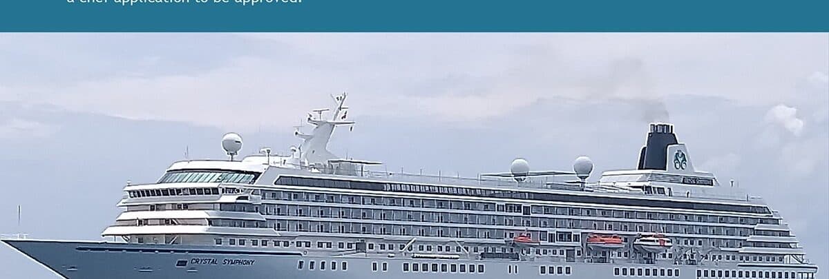 A cruise ship at sea under a hazy sky, seen from the shore.