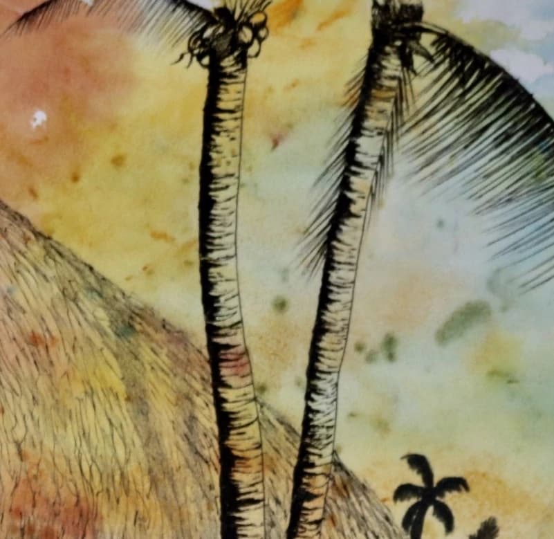 Detail of palm trees in warm watercolour