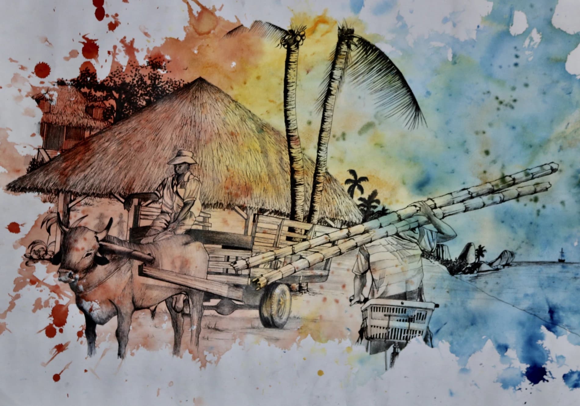 Watercolour and ink artwork of traditional crafts, fishing and island life