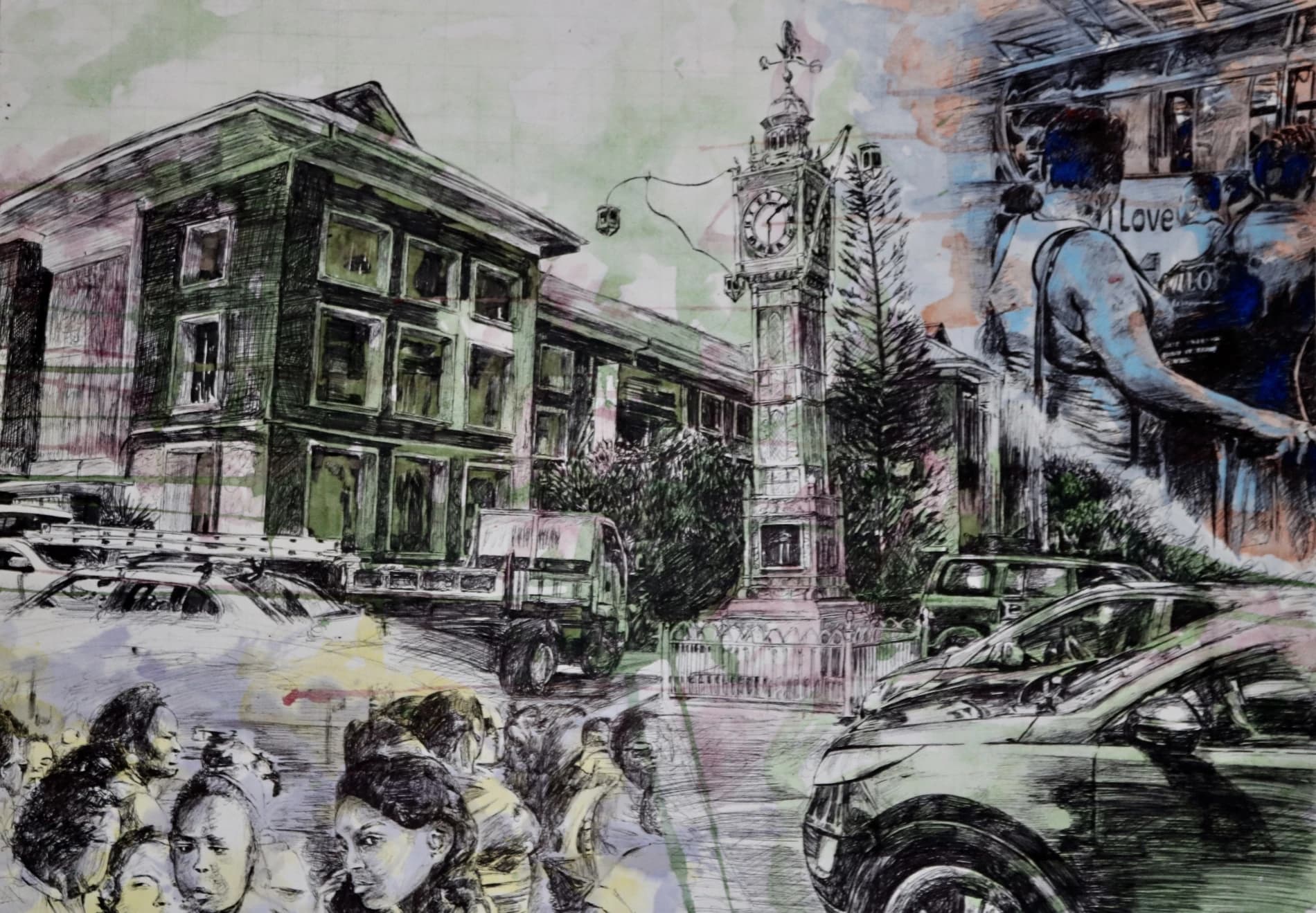 A layered artwork showing Victoria’s clocktower, streets and people